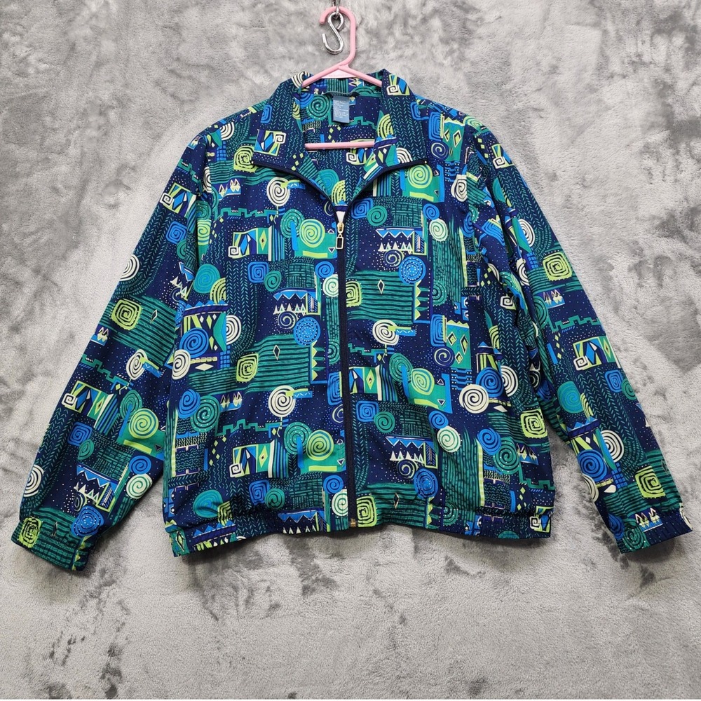 Vintage Koret Sport Jacket‎ Womens L Blue Green Geometric Full Zip Windbreaker